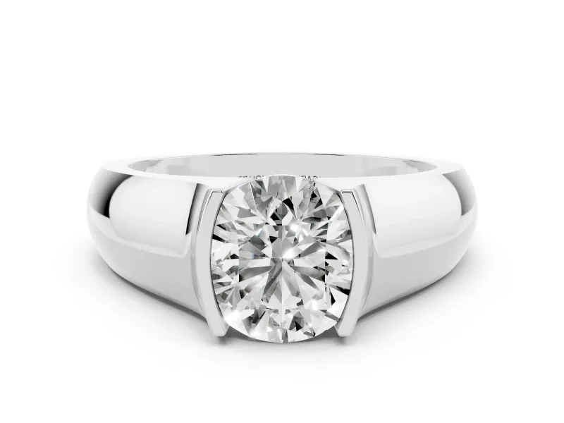 Round Cut Diamond Bezel Solitaire Ring Set in White gold with Wide Band