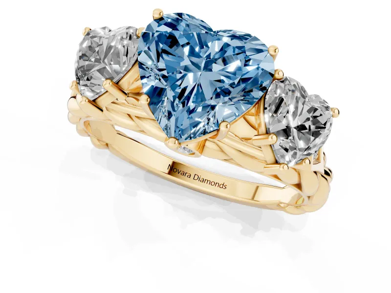 Heart-Shaped Three Stone Engagement Ring Setting for a Fancy Blue Lab-Grown Diamond | Braided Band | Yellow Gold