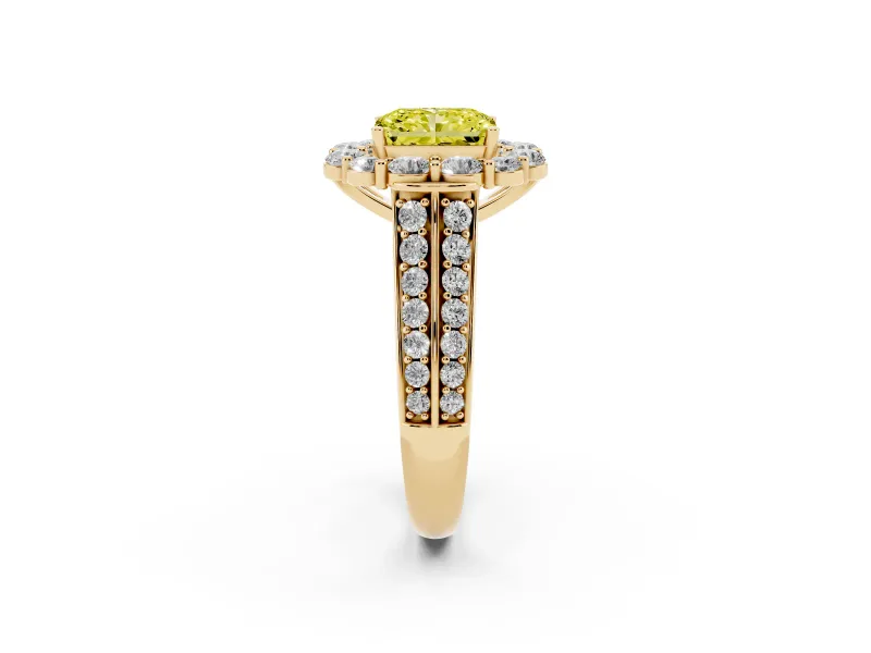 Radiant Cut Large Accent Halo Engagement Ring Setting for a Fancy Yellow Lab-Grown Diamond | Yellow Gold