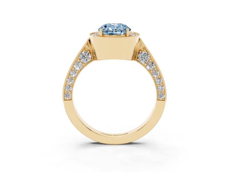 Oval Milgrain Halo Engagement Ring Setting for a Fancy Blue Lab-Grown Diamond | Side Stones | Yellow Gold