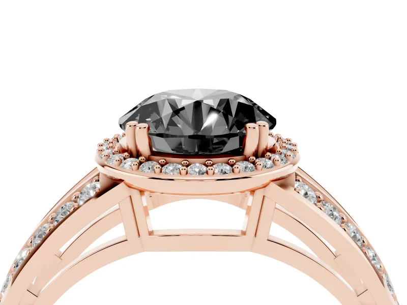 Round Halo Engagement Ring Setting for a Black Center | Two-Row Pavé Split Shank | Rose Gold