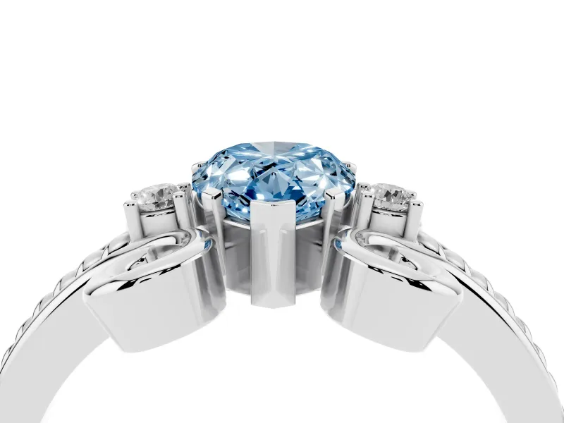 Fancy Blue Pear Cut Diamond Twisted Band Solitaire Ring Set in White gold with Scroll Prongs