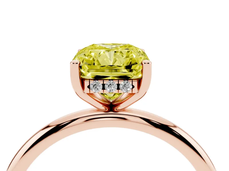Fancy Yellow Radiant Cut Diamond Solitaire Engagement Ring Set in Rose gold with Prong Setting and Polished Band