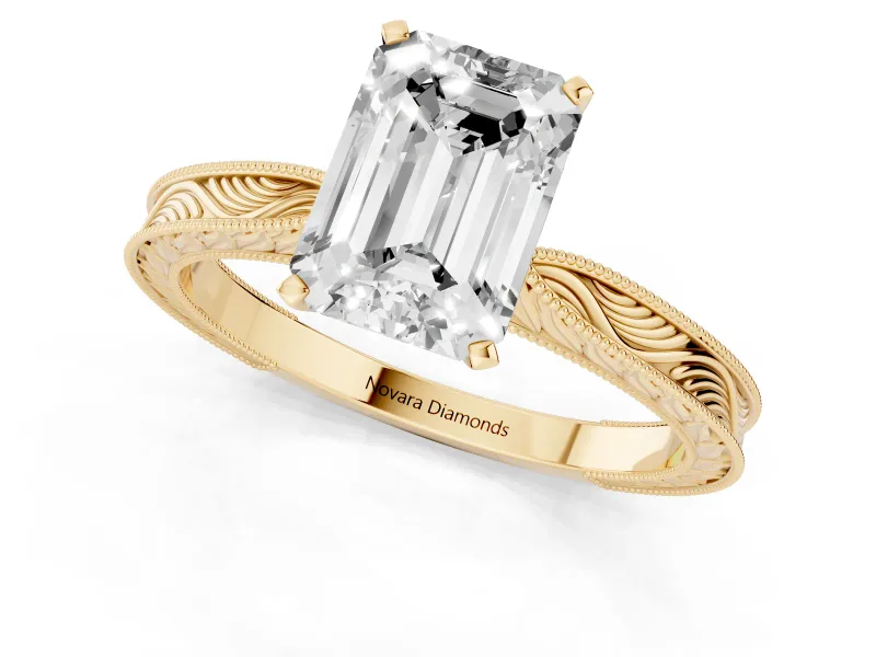 Emerald Cut Diamond Solitaire Milgrain Engraved Band Set in Yellow gold with Prong Setting