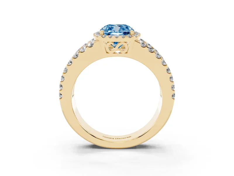Cushion Cut Halo Engagement Ring Setting for a Fancy Blue Lab-Grown Diamond | Yellow Gold
