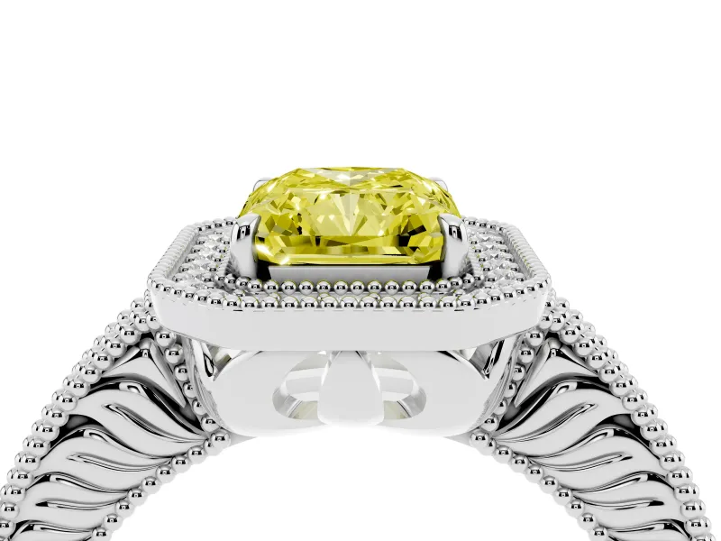 Fancy Yellow Radiant Cut Diamond Halo Ring Set in Platinum with Round Accent Halo, Pavé Band and Prong Setting