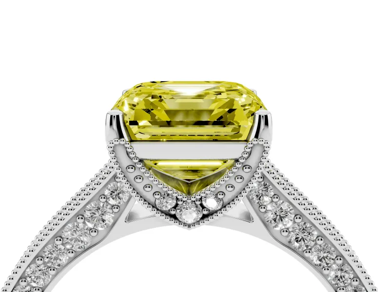 Asscher Cut Hidden Halo Engagement Ring Setting for a Fancy Yellow Lab-Grown Diamond | Milgrain Pave | White Gold