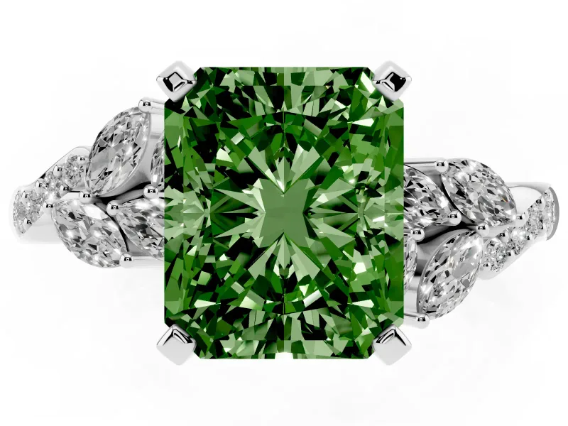 Fancy Green Radiant Cut Diamond Solitaire Ring Set in Silver with Marquise Twist Band and Prong Setting