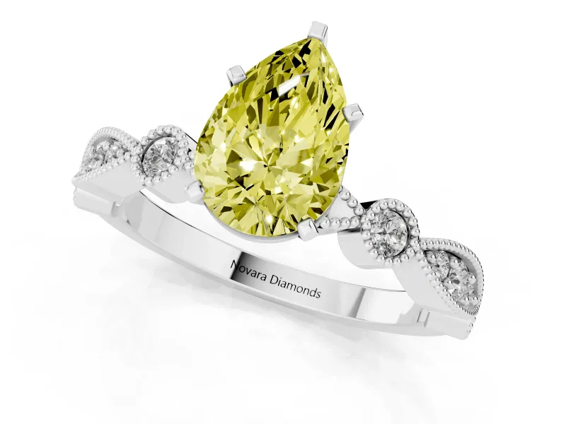 Fancy Yellow Pear Cut Diamond Solitaire Engagement Ring Set in White gold with Milgrain Bezel Accent Band