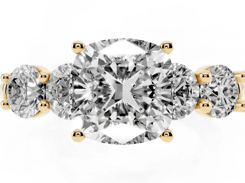 Cushion Cut Five Stone Engagement Ring Setting | Prong Set Side Stones | Yellow Gold