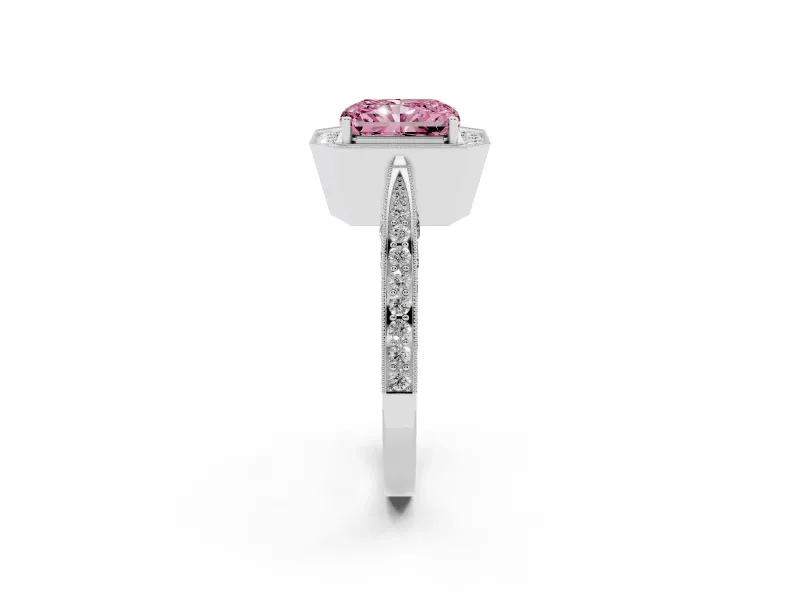 Radiant Cut Milgrain Halo Engagement Ring Setting for a Fancy Pink Lab-Grown Diamond | Side Stones | White Gold