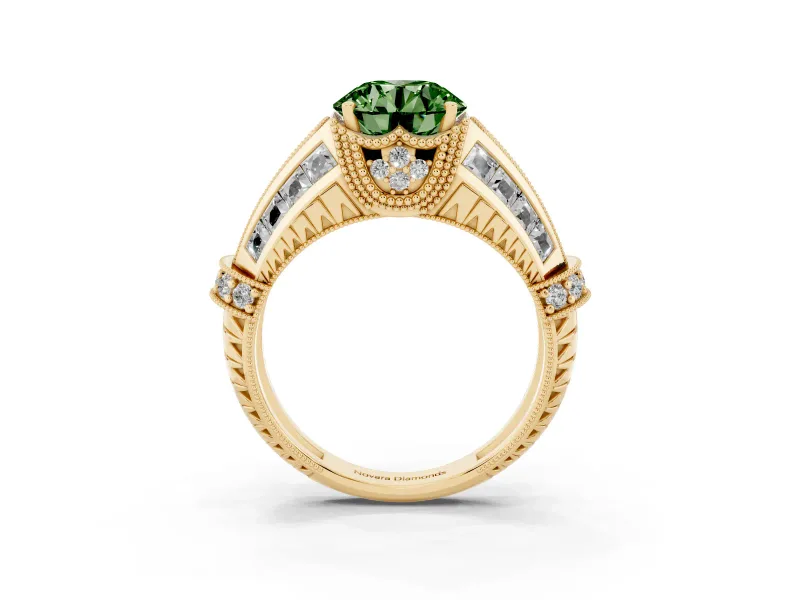 Fancy Green Round Cut Diamond Vintage-Inspired Milgrain Ring Set in Yellow gold with Accent Split Shank