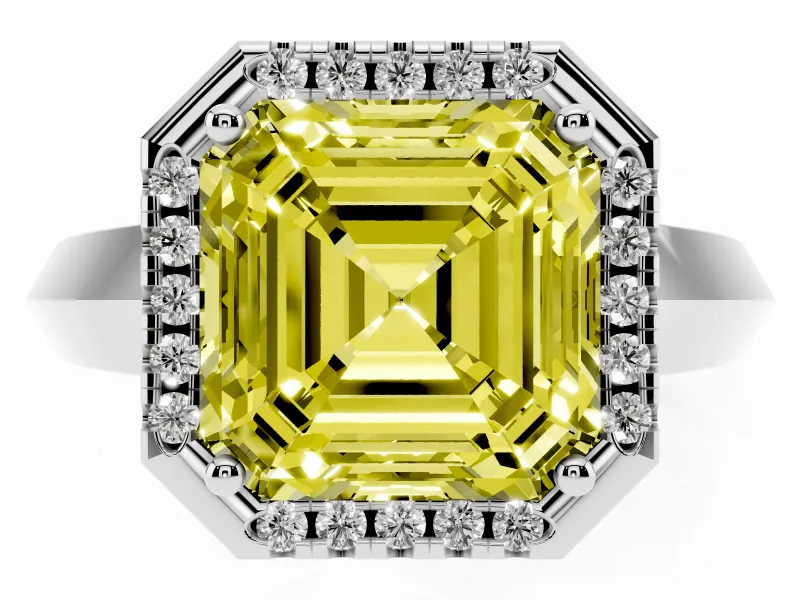 Fancy Yellow Asscher Cut Diamond Halo Ring Set in Silver with Cathedral Band and Prong Setting