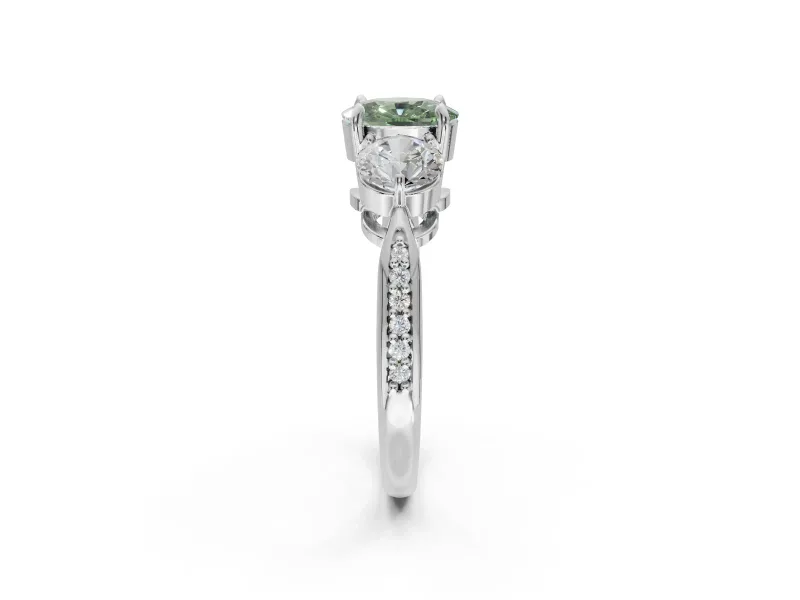 Cushion Cut Three Stone Engagement Ring Setting for a Fancy Green Lab-Grown Diamond | Tapered Pave Band | Platinum