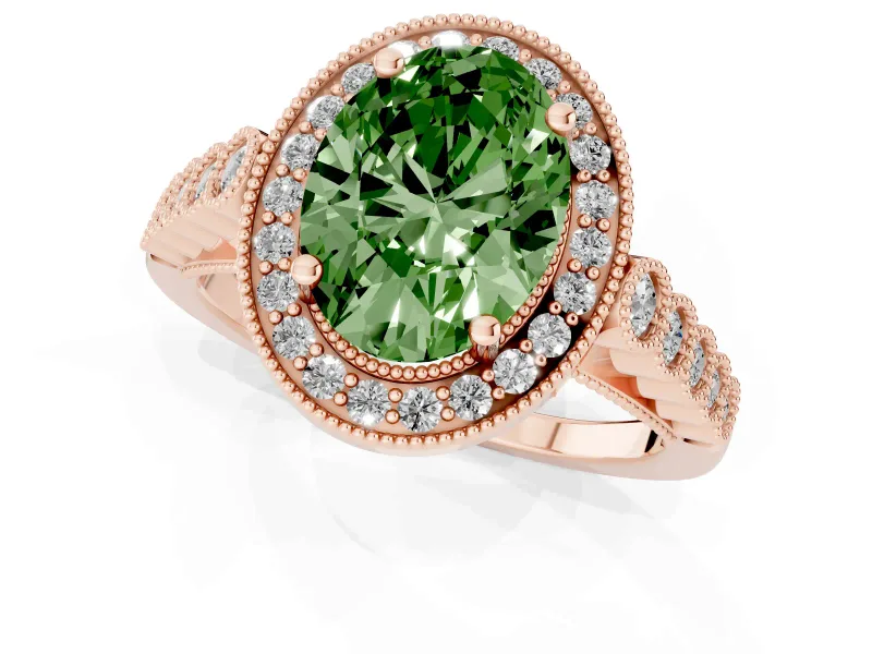 Fancy Green Oval Cut Diamond Milgrain Halo Solitaire Ring Set in Rose gold with Bezel Set Side Stones and Pavé Band