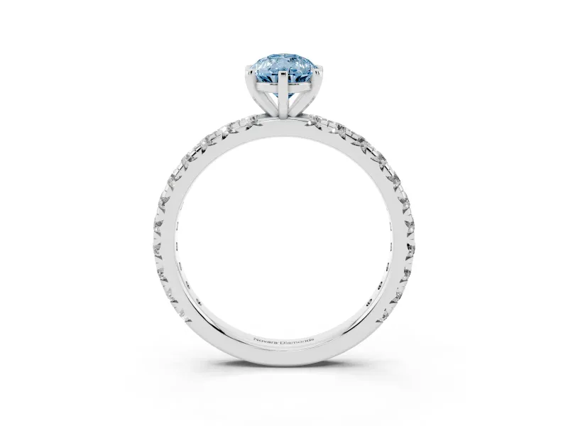 Fancy Blue Pear Cut Diamond Pavé Solitaire Ring Set in Silver with Round Band and Prong Setting