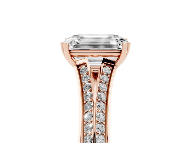 Emerald Cut Pave Split Shank Engagement Ring Setting | Double Claw Prongs | Rose Gold