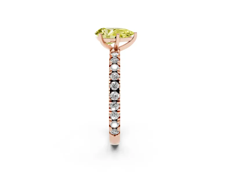 Fancy Yellow Pear Cut Diamond Pavé Band Solitaire Set in Rose gold with Prong Setting