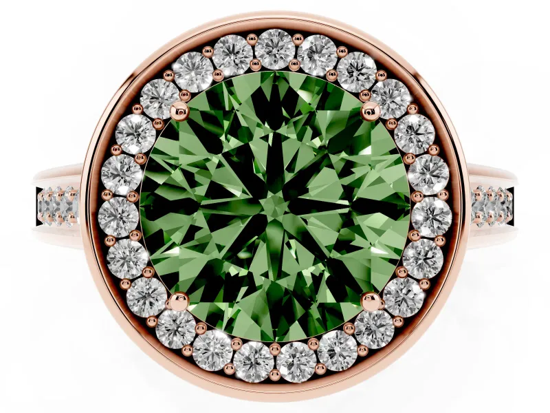 Fancy Green Round Cut Diamond Halo Solitaire Ring Set in Rose gold with Pavé Band and Bezel Setting
