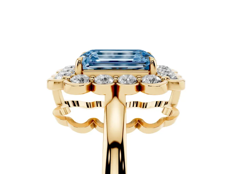Emerald Cut Scalloped Cluster Halo Engagement Ring Setting for a Fancy Blue Lab-Grown Diamond | Plain Band | Yellow Gold
