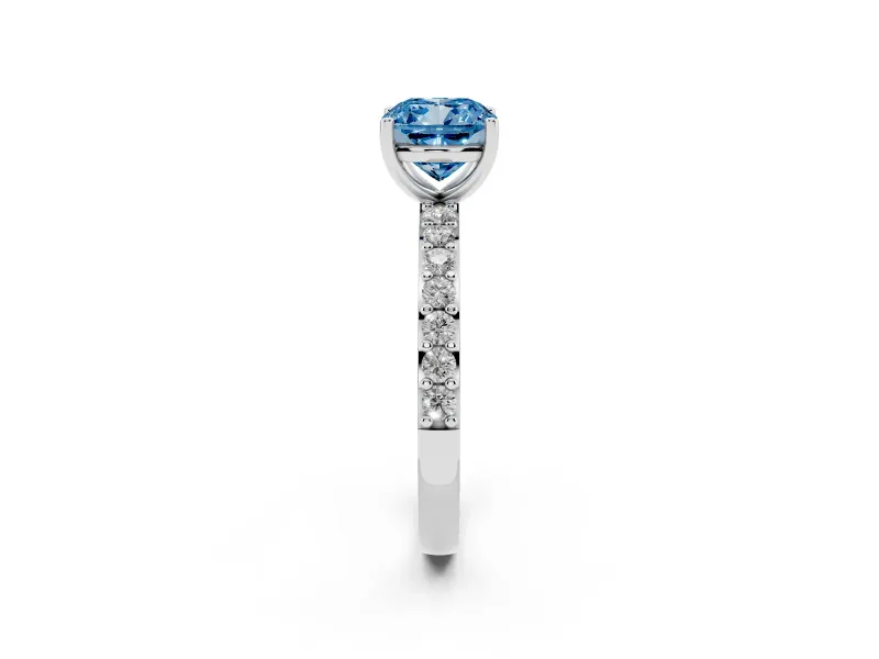 Fancy Blue Cushion Cut Diamond Solitaire Set in Silver with Round Pavé Band and Prong Setting