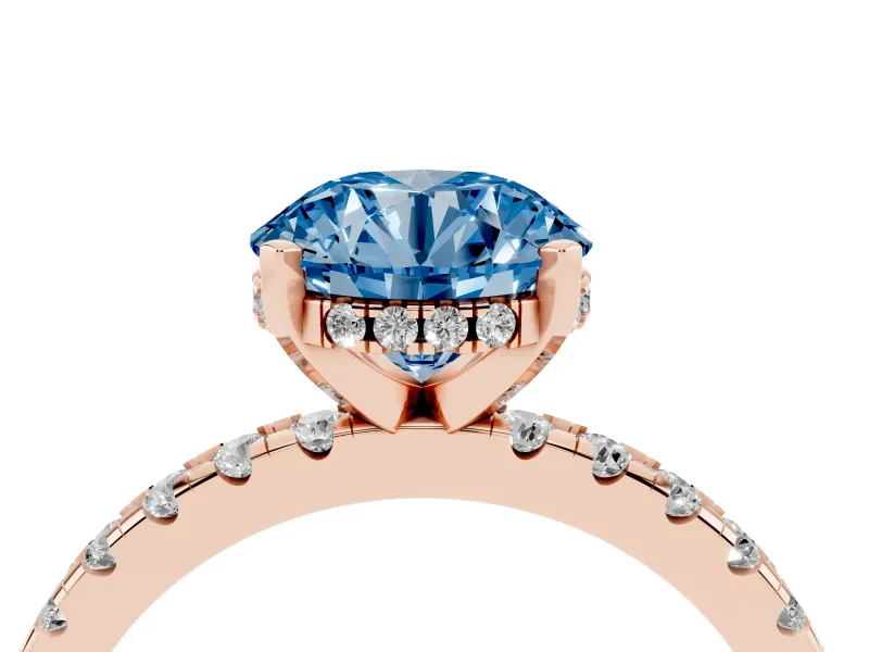 Round Hidden Halo Solitaire Engagement Ring Setting for a Fancy Blue Lab-Grown Diamond | Pave Band | Rose Gold