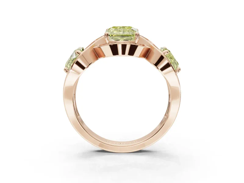 Radiant Cut Three Stone Halo Engagement Ring Setting for a Fancy Yellow Lab-Grown Diamond | Pavé Wave Band | Rose Gold