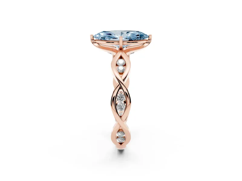 Fancy Blue Marquise Cut Diamond Twist Band Solitaire Ring Set in Rose gold with Leaf Prong Setting and Accent Stones