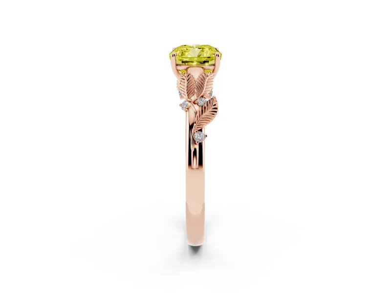 Cushion Cut Leaf Solitaire Engagement Ring Setting for a Fancy Yellow Lab-Grown Diamond | Rose Gold
