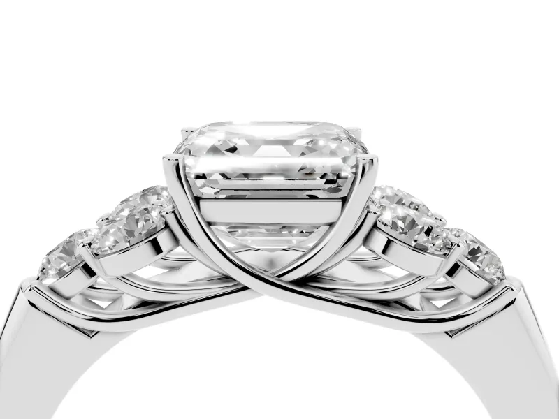 Asscher Cut Diamond Cluster Ring Set in Platinum with Round Accent Stones and Prong Setting on a Plain Band