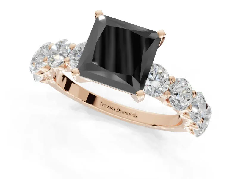 Princess Cut Side Stone Engagement Ring Setting for a Black Center | Rose Gold