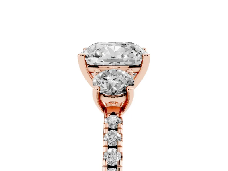 Cushion Cut Three Stone Engagement Ring Setting | Pave Shoulders | Rose Gold