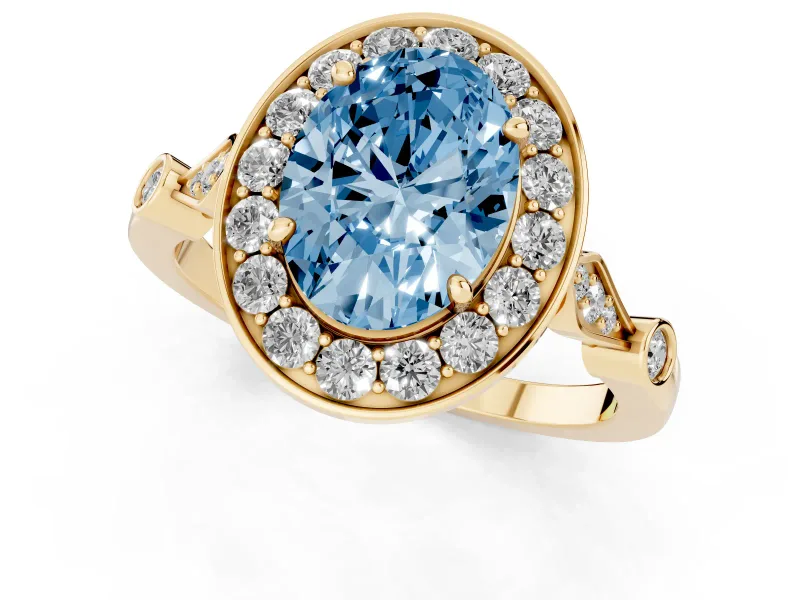 Oval Halo Engagement Ring Setting for a Fancy Blue Lab-Grown Diamond | Bezel Stations | Yellow Gold