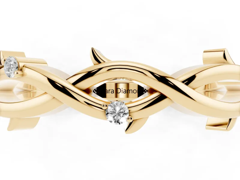 Round Lab-Grown Diamond Prong Set Twisted Wedding Band | Thorned Vine Strands | Yellow Gold