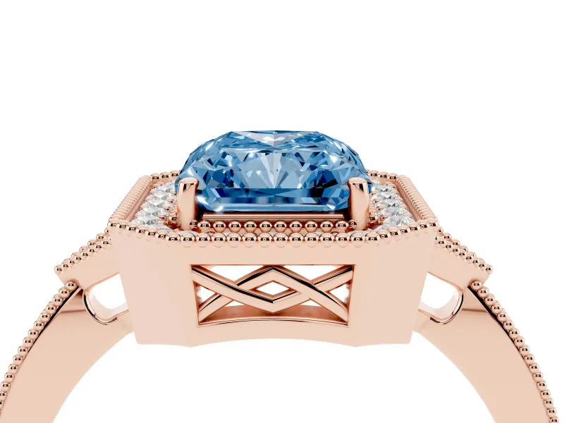 Radiant Cut Milgrain Halo Engagement Ring Setting for a Fancy Blue Lab-Grown Diamond | Graduated Pavé | Rose Gold