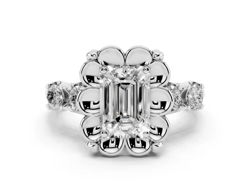 Emerald Cut Diamond Floral Halo Ring Set in Silver with Shared Prong Band
