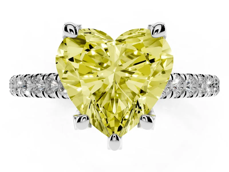 Heart-Shaped Hidden Halo Pave Engagement Ring Setting for a Fancy Yellow Lab-Grown Diamond | Claw Prongs | White Gold