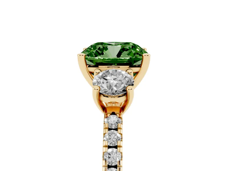 Cushion Cut Three Stone Engagement Ring Setting for a Fancy Green Lab-Grown Diamond | Pave Shoulders | Yellow Gold