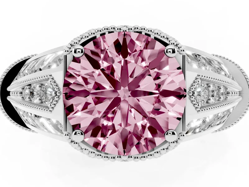 Fancy Pink Round Cut Diamond Vintage-Inspired Milgrain Ring Set in Platinum with Accent Split Shank