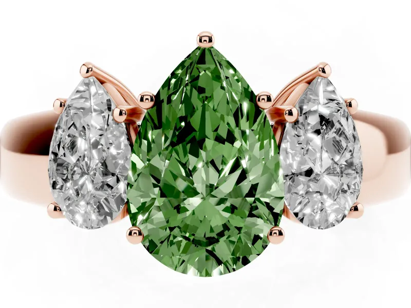 Fancy Green Three-Stone Pear Cut Diamond Ring Set in Rose gold with Matching Prong Settings and Plain Band