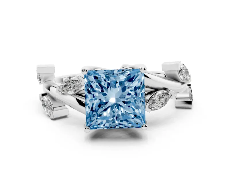 Fancy Blue Princess Cut Diamond Solitaire Ring Set in White gold with Twisted Marquise Accent Band