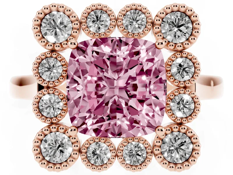 Cushion Cut Milgrain Cluster Halo Engagement Ring Setting for a Fancy Pink Lab-Grown Diamond | Plain Band | Rose Gold