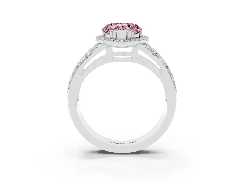 Fancy Pink Heart Cut Diamond Halo Ring Set in Silver with Double Pavé Split Shank