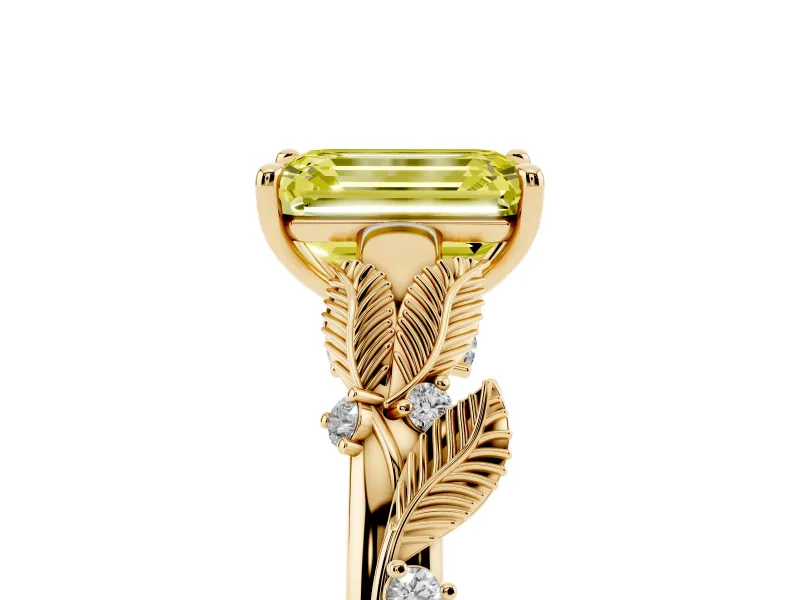 Emerald Cut Leaf Engagement Ring Setting for a Fancy Yellow Lab-Grown Diamond | Yellow Gold