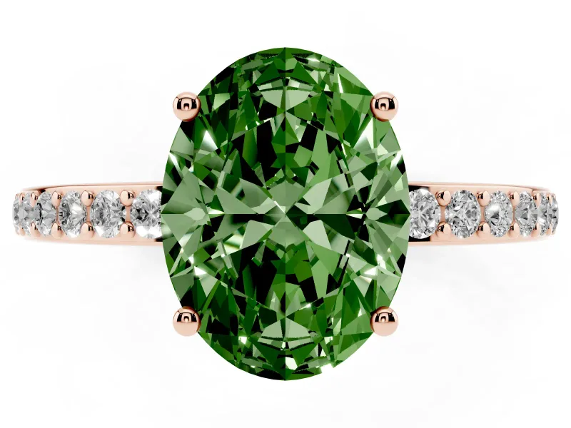 Fancy Green Oval Cut Diamond Pavé Band Ring Set in Rose gold with Prong-Set Center Stone