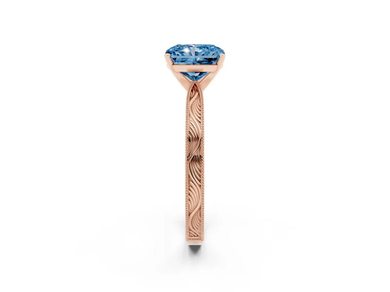 Fancy Blue Radiant Cut Diamond Solitaire Milgrain Engraved Band Set in Rose gold with Prong Setting