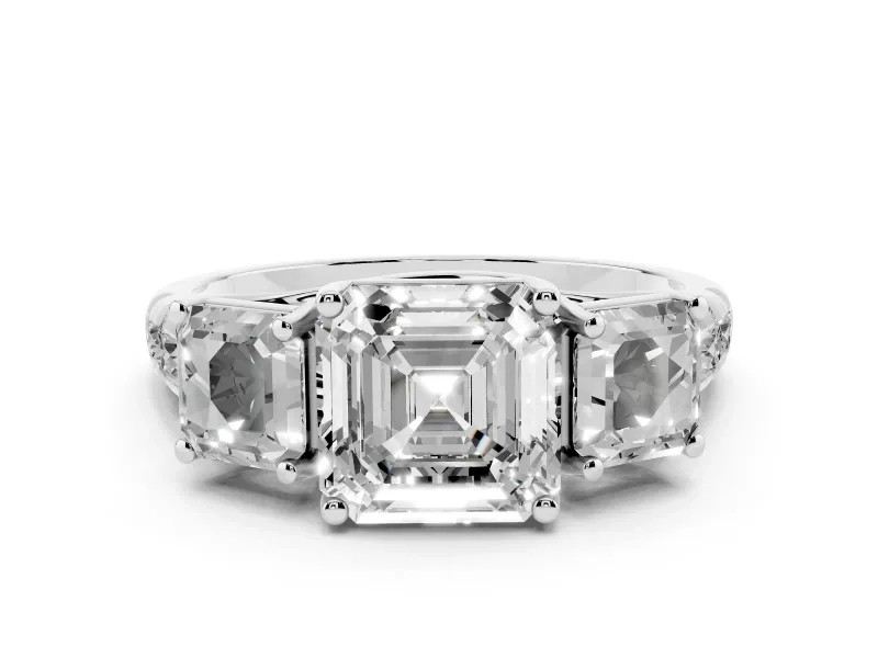 Asscher Cut Diamond Three-Stone Ring Set in Platinum with Pavé Band