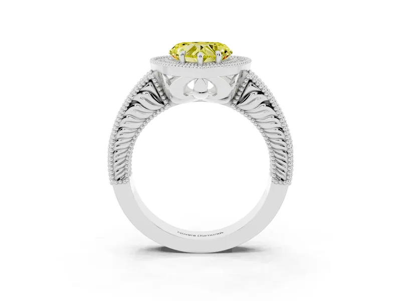 Fancy Yellow Heart Cut Diamond Halo Ring Set in Silver with Round Accent Halo, Pavé Band and Prong Setting