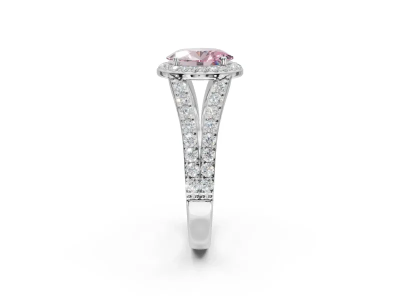 Oval Halo Pavé Engagement Ring Setting for a Fancy Pink Lab-Grown Diamond | Narrow Split Shank | Platinum