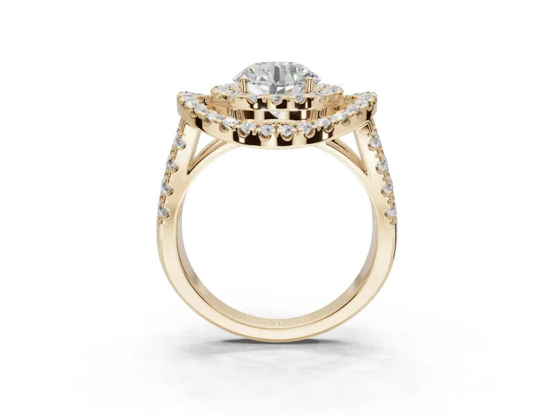 Round Double Halo Split Shank Engagement Ring Setting | Multi-Row Pavé | Yellow Gold